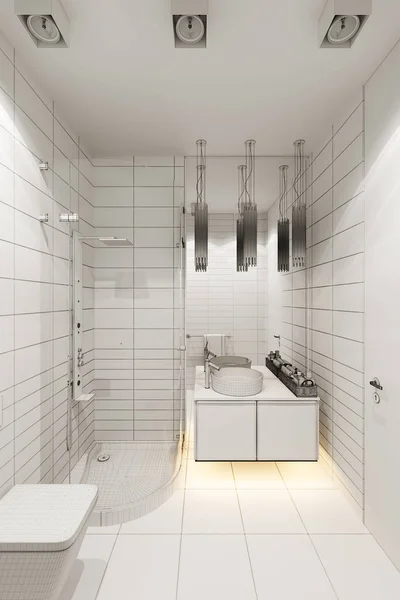 3d renderizar el diseño interior del cuarto de baño con una ducha de esquina —  Fotos de Stock