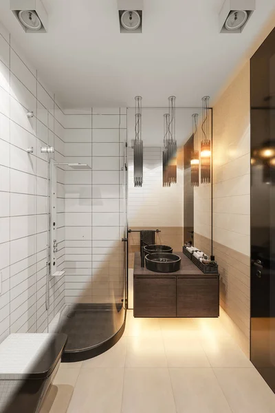 3d render interior design of the bathroom with a corner shower — Zdjęcie stockowe