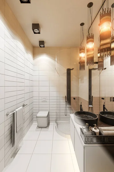 3d renderizar design de interiores do banheiro com um chuveiro de canto — Fotografia de Stock