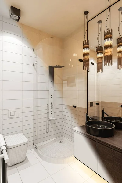 3d renderizar design de interiores do banheiro com um chuveiro de canto — Fotografia de Stock
