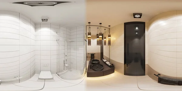 3D illusztráció belsőépítészeti gömb 360 zökkenőmentes panoráma a fürdőszoba sarokzuhanyzóval — Stock Fotó