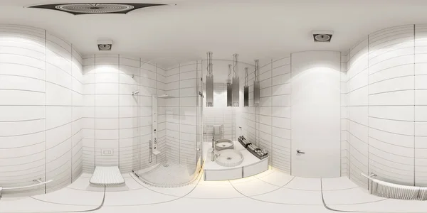 3d ilustración diseño interior esférico 360 panorama sin costuras del cuarto de baño con una ducha de esquina —  Fotos de Stock