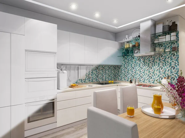Illustratie Van Moderne Keuken Met Blauwe Witte Gevels — Stockfoto