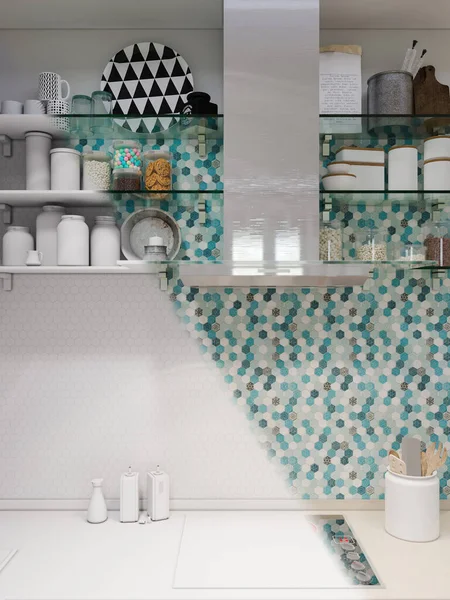 Иллюстрации Дизайн Интерьера Современной Кухни Сине Белыми Фасадами — стоковое фото