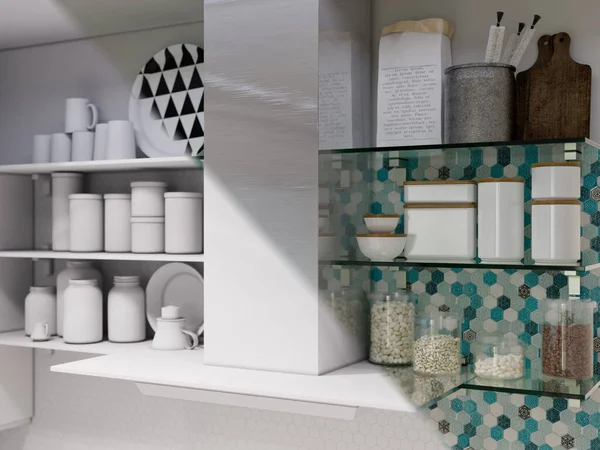 3d diseño de renderizado interior de la cocina moderna —  Fotos de Stock