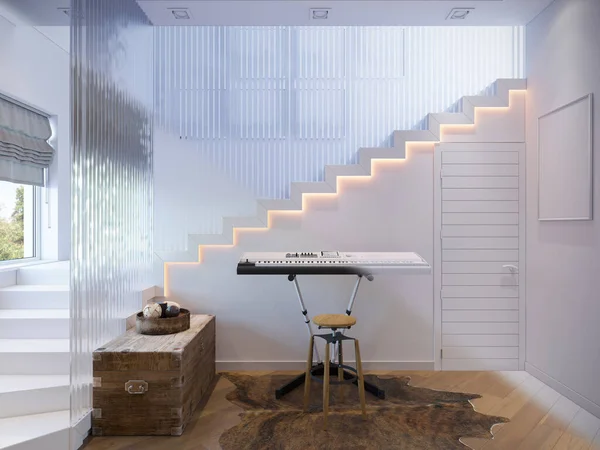 Ilustración Sala Escaleras Diseño Interiores Con Piano Estilo Minimalista Moderno —  Fotos de Stock