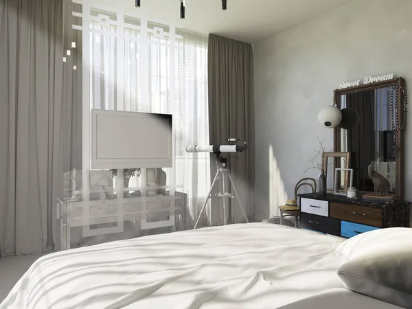 三维现代风格的居室室内设计图解 3D渲染卧室内部的纹理之前和之后 — 图库照片