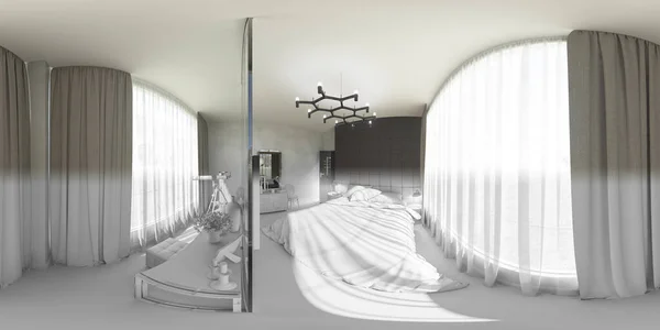 Illüstrasyon Küresel 360 Derece Yatak Odası Tasarımının Kusursuz Manzarası Yatak — Stok fotoğraf