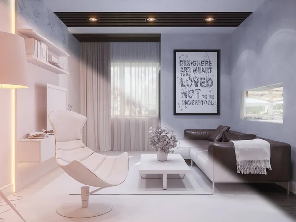 Oturma Odasının Tasarımının Boyutlu Çizimi Dairenin Tarzı Ahşap Aksanlı Gri — Stok fotoğraf