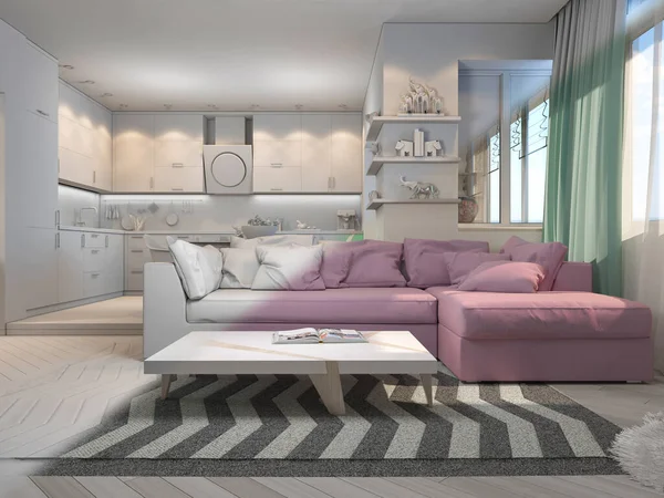 Weergave Van Kleine Appartementen Pastelkleuren Interieur Design Woonkamer Keuken Moderne — Stockfoto