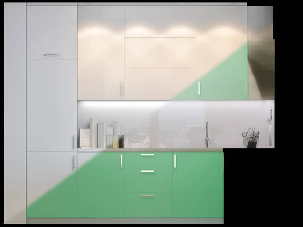 Renderizado Pequeños Apartamentos Colores Pastel Interor Cocina Diseño Estilo Moderno —  Fotos de Stock