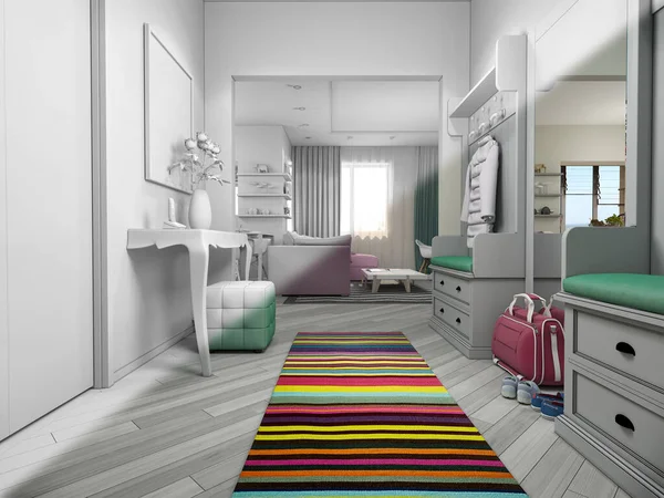 Pastel renkli küçük dairelerin üç boyutlu çizimi. Modern tarzda iç dizayn oturma odası ve salon. — Stok fotoğraf