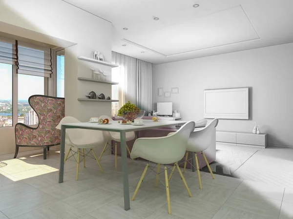 Pastel renkli küçük dairelerin üç boyutlu çizimi. Modern tarzda iç dizayn oturma odası ve mutfak. — Stok fotoğraf
