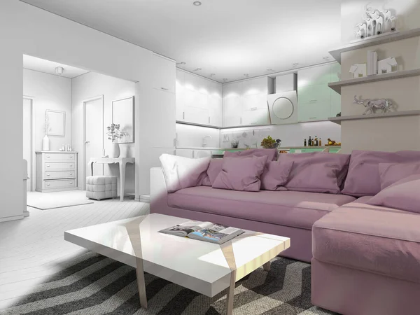 Pastel renkli küçük dairelerin üç boyutlu çizimi. Modern tarzda iç dizayn oturma odası ve mutfak. — Stok fotoğraf