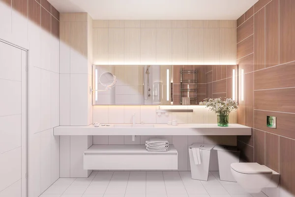 3d renderizar design de interiores de um banheiro moderno com um grande espelho — Fotografia de Stock