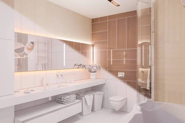 3d renderizar design de interiores de um banheiro moderno com um grande espelho — Fotografia de Stock
