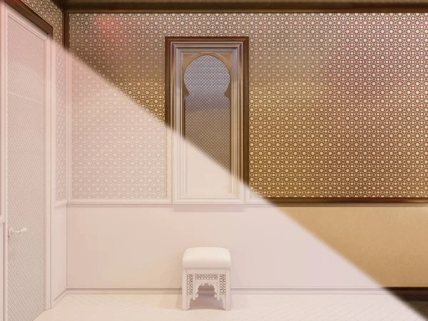 Illustration 3D, design intérieur d'une chambre d'hôtel dans un style islamique traditionnel. renderinterior 3d décoré avec des motifs du Moyen-Orient. Image pour la présentation, l'inspiration ou la conception de votre produit — Photo