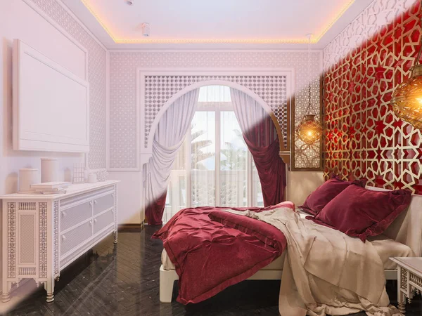 3d illustration, interior design bedroom hotel room in a traditional Islamic style. 3d render interior decorated with Middle Eastern style. Image for presentation inspiration or design of your product