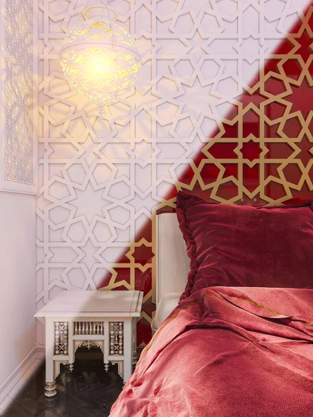 3d illustration interior design bedroom hotel room in a traditional Islamic style. 3d render interior decorated with Middle Eastern style. Image for presentation, inspiration or design of your product