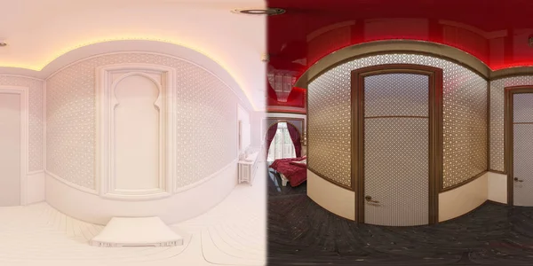 3D说明球面360度 无缝全景大堂酒店房间的传统伊斯兰风格 装饰有阿拉伯图案的漂亮的豪华房间背景图 — 图库照片