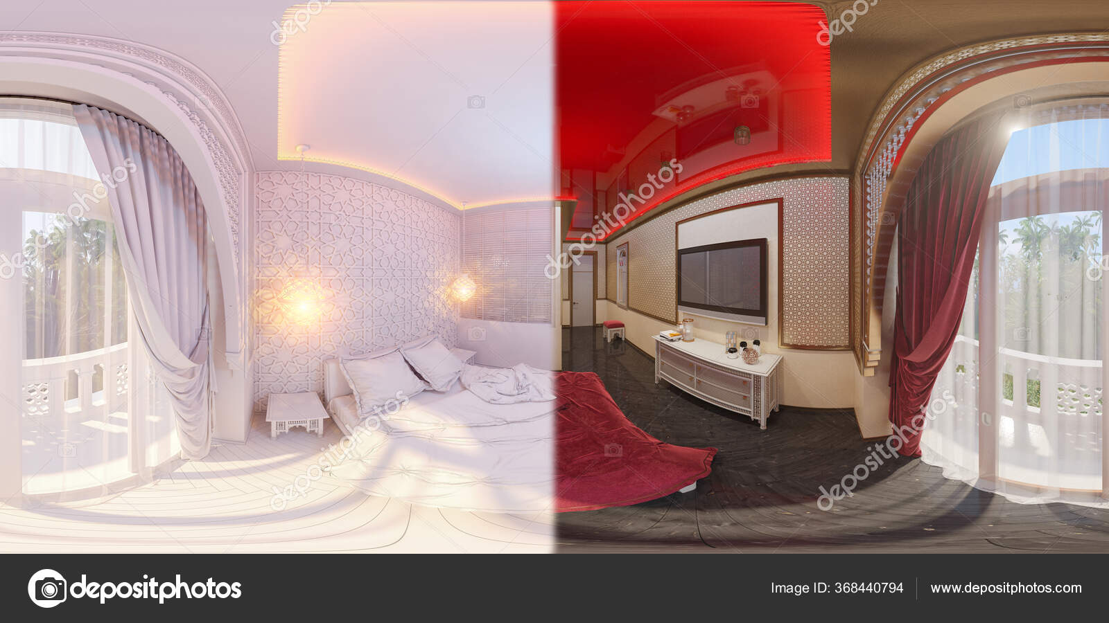 Vista panorámica de 360 grados del diseño interior del dormitorio