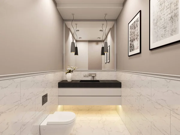 3D renderizado, interior del inodoro en una casa de campo privada. Ilustración del diseño interior del baño —  Fotos de Stock