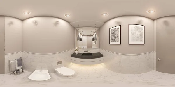 3D vykreslení kulové 360 stupňů, bezproblémový panoramatický interiér toalety v soukromé chatě — Stock fotografie
