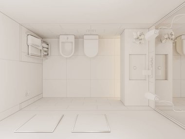 3D render interior of the bathroom in a private cottage. Toilet interior design illustration in top view clipart
