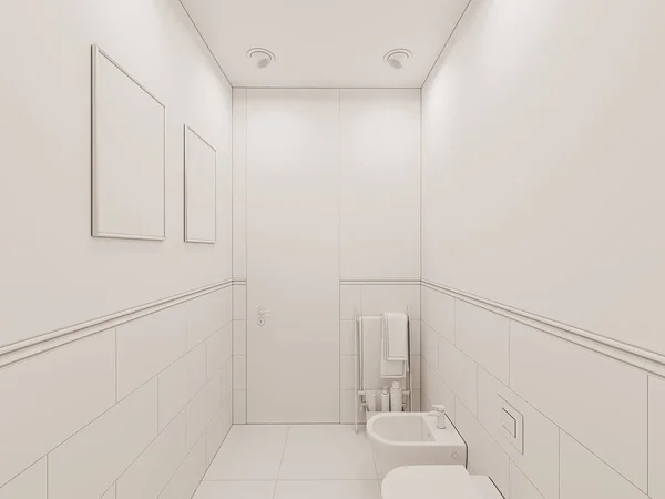 3D renderizar el interior del baño en una casa de campo privada. Ilustración del diseño interior del baño. Estilo de oclusión ambiental — Foto de Stock