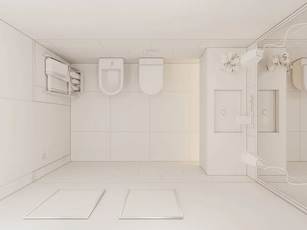 3D-Renderinnenraum des Badezimmers in einer privaten Hütte. Illustration der Toiletteneinrichtung in der Ansicht von oben — Stockfoto