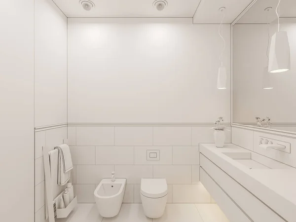 専用コテージでバスルームの3Dレンダリングインテリア。トイレのインテリアデザインイラスト。周囲閉塞式 — ストック写真