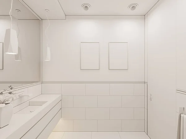 3D renderizar el interior del baño en una casa de campo privada. Ilustración del diseño interior del baño. Estilo de oclusión ambiental —  Fotos de Stock