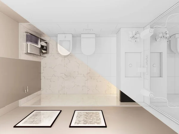 3D рендеринг, интерьер туалета в частном коттедже. Иллюстрация интерьера туалета в традиционном современном стиле — стоковое фото