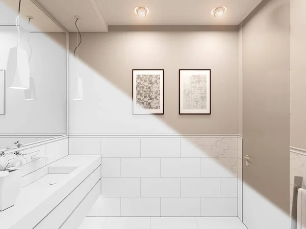 3D візуалізація, інтер'єр туалету в приватному котеджі. Дизайн інтер'єру туалету в традиційному сучасному стилі — стокове фото