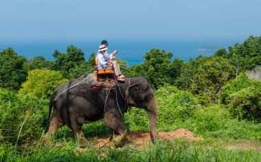 Bir filin arkasında deniz arka plan üzerinde 05 Kasım 2017 üzerinde phuket, Tayland güneyinde at binme turizm