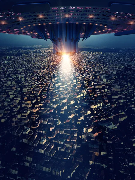 Ufo è sulla città, rendering 3d — Foto Stock