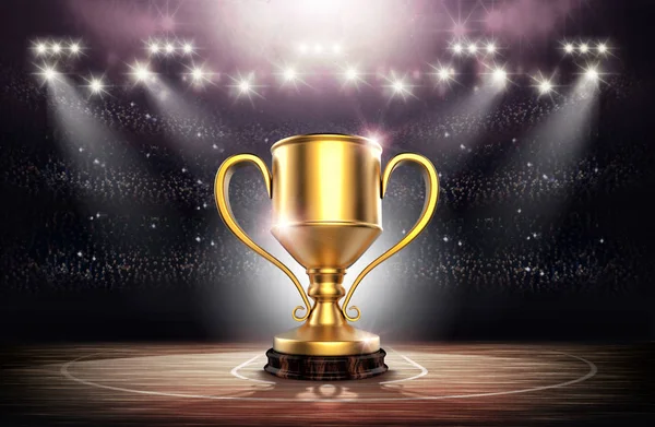 Кубок победителей на баскетбольном стадионе, 3D рендеринг — стоковое фото