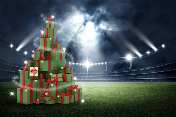 3d presentes caixas, árvore de natal conceito no estádio — Fotografia de Stock