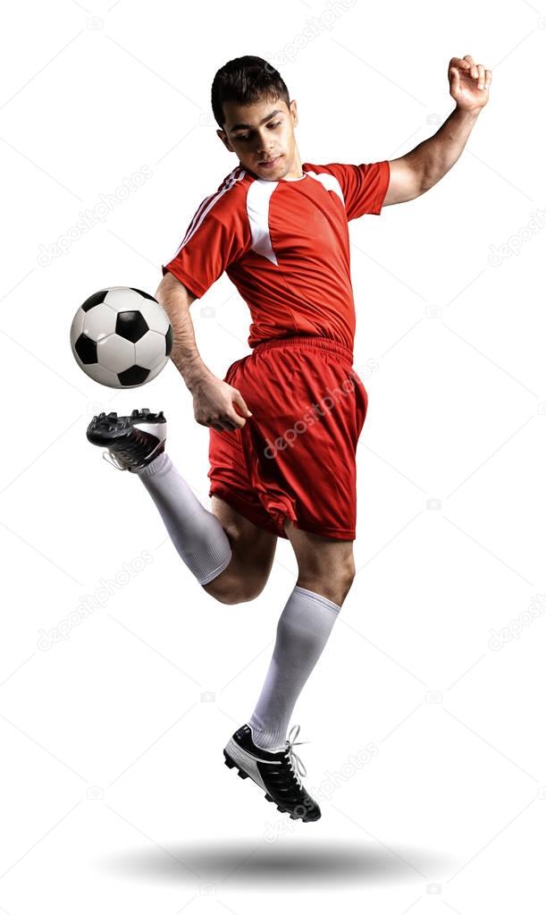 The football player in action on the white background.