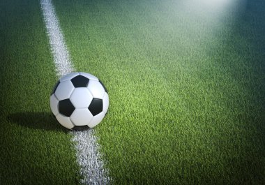 Stadyum alanında, hayali Stadyumu ve futbol topu futbol topu modellenmiş ve render.