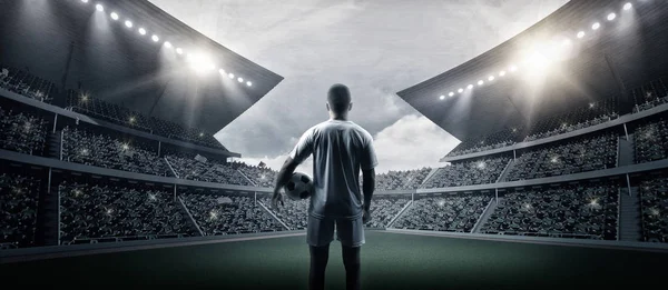 The football player in the stadium, the imaginary soccer stadium is modelled and rendered.