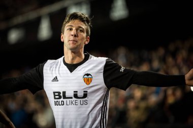 Valencia, İspanya - 9 Ocak: Vietto onun hedefi Valencia Cf ve Las Palmas Mestalla Stadı nda arasında İspanya Kral Kupası maçı sırasında 9 Ocak 2018 üzerinde Valencia, İspanya kutluyor