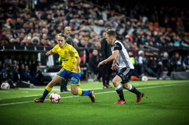 Valencia, İspanya - 9 Ocak: Halilović İspanya Kral Kupası sırasında topu ile maç Valencia Cf ve Las Palmas Mestalla Stadı nda arasında 9 Ocak 2018 üzerinde Valencia, İspanya