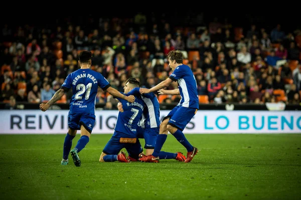 Valencia Spanien Januari 2018 Alaves Spelare Firar Ett Mål Spanska — Stockfoto