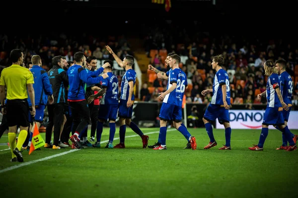 巴伦西亚 西班牙 2018年1月17日 Alaves 球员庆祝一个目标在西班牙国王杯比赛期间瓦伦西亚 Alaves 在梅斯塔利亚体育场在 1月17日 巴伦西亚 — 图库照片