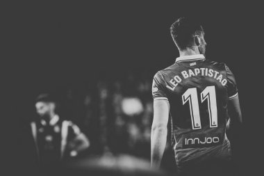 Valencia, İspanya - 8 Nisan: Leo Baptistao sırasında İspanyol La Liga maç Valencia Cf ve Rcd Espanyol Mestalla Stadı nda arasında 8 Nisan 2018 Valencia, İspanya