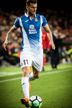 Valencia, İspanya - 8 Nisan: Leo Baptistao sırasında İspanyol La Liga maç Valencia Cf ve Rcd Espanyol Mestalla Stadı nda arasında 8 Nisan 2018 Valencia, İspanya