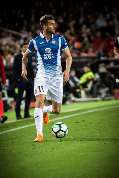 VALENCIA, SPAIN - APRIL 8: Leo Baptistao during Spanish La Liga match between Valencia CF and RCD Espanyol at Mestalla Stadium on April 8, 2018 in Valencia, Spain