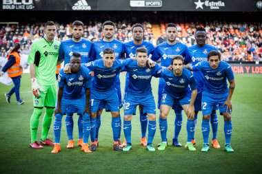 Valencia, İspanya - 18 Nisan: Getafe oyuncular İspanyol La Liga sırasında arasında Valencia Cf ve Getafe Cf Mestalla Stadı nda 18 Nisan 2018 üzerinde Valencia, İspanya eşleme