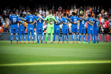 Valencia, İspanya - 18 Nisan: Getafe oyuncular İspanyol La Liga sırasında arasında Valencia Cf ve Getafe Cf Mestalla Stadı nda 18 Nisan 2018 üzerinde Valencia, İspanya eşleme